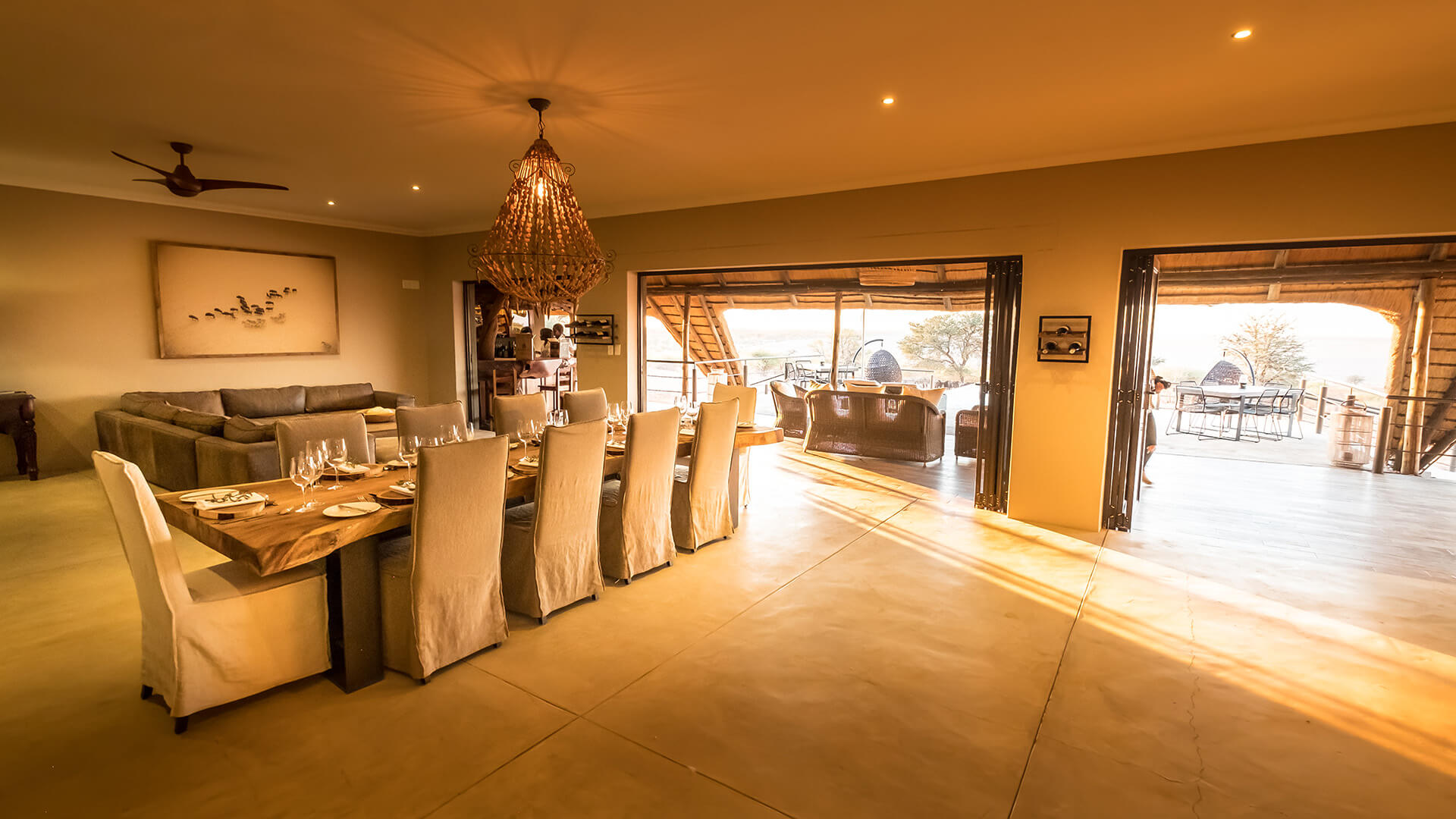Bagatelle Lodge - Kalahari Game Ranch - Namibia - Farmhouse Dining table view to outside
